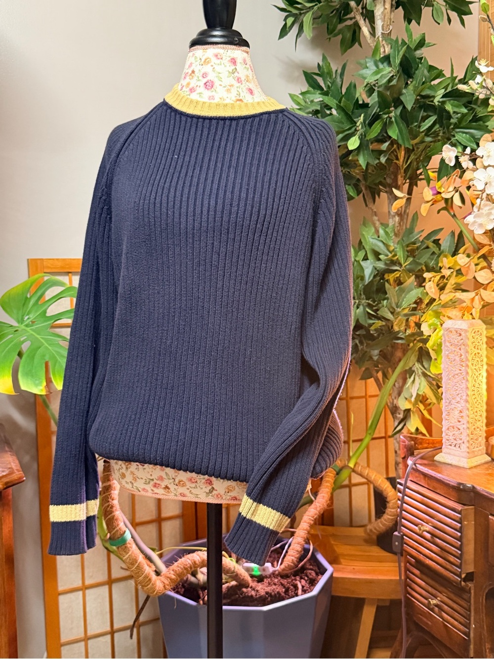 Vintage 90s J Crew Shaker Rib Knit Sweater - 100 Cotton - Men’s Large -blue& tan